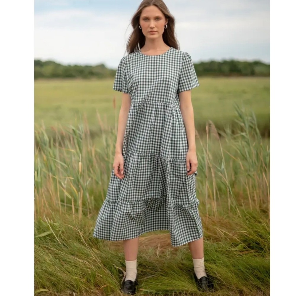 Tradlands Gingham Tiered Lagenlook Midi Dress Size S Green Minimalist Oversized